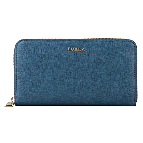 FURLA 金字浮雕防刮皮革拉鍊長夾(鈷藍)