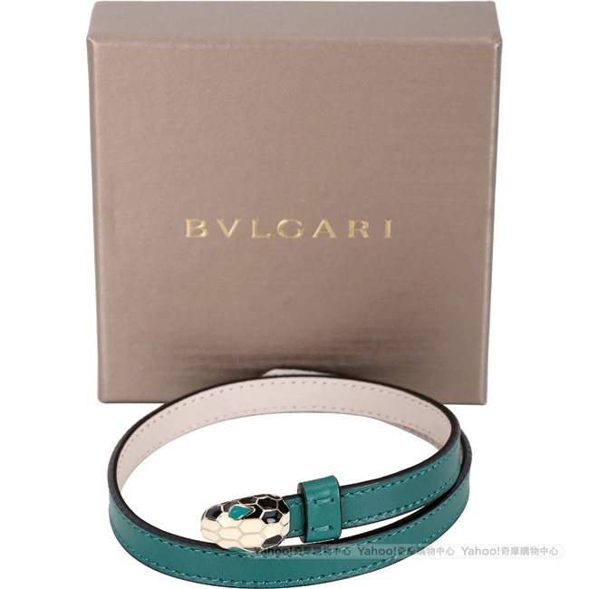 BVLGARI Serpenti Forever 經典蛇頭小牛皮雙圈手環(翡綠)