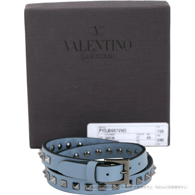 VALENTINO Rockstud 仿舊鉚釘雙繞小牛皮手環(灰藍色)