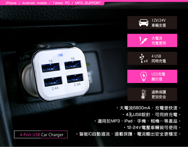 KINYO 4孔USB大電流車用充電器CU56