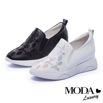 休閒鞋 MODA Luxury 細緻質感水鑽沖孔全真皮內增高厚底休閒鞋－黑