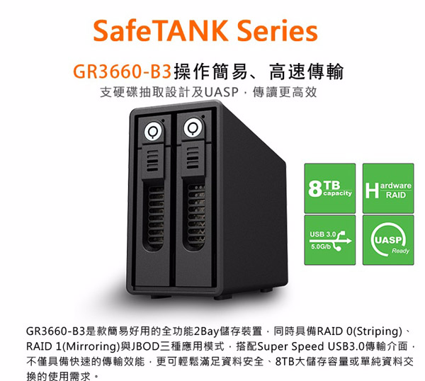 RAIDON 3.5吋USB3.02bay磁碟陣列－GR3660-B3