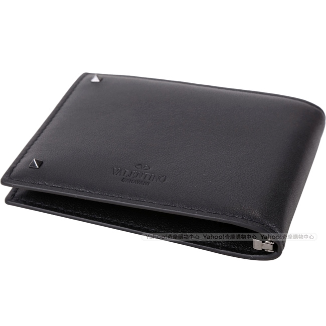 VALENTINO Rockstud 金屬鈔票夾鉚釘黑色牛皮六卡短夾