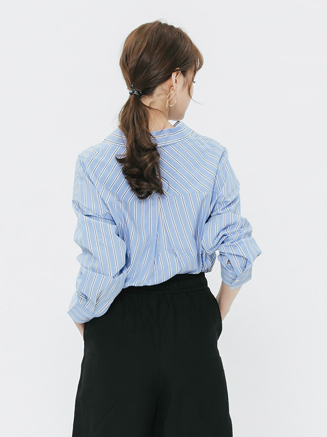 H:CONNECT 韓國品牌 女裝-雙配色直條紋襯衫-藍