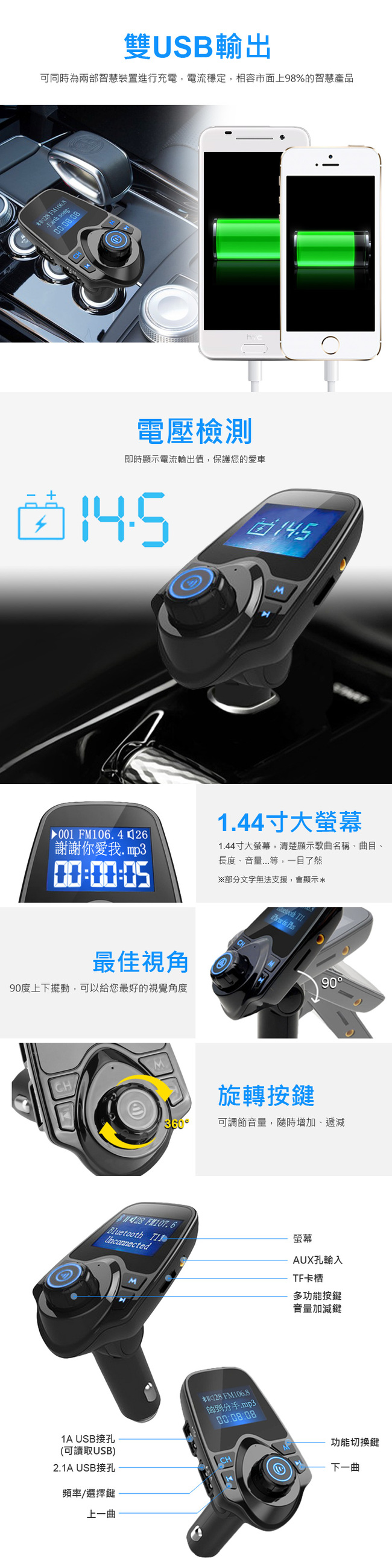 CA-T11 車充型雙USB輸出FM藍牙MP3播放傳輸器