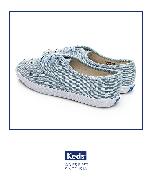 Keds CHAMPION 彩色水鑽丹寧綁帶休閒鞋-淺藍