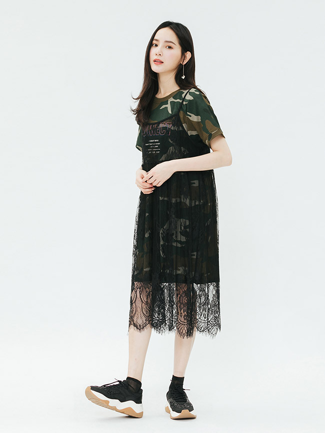 H:CONNECT 韓國品牌 女裝-蕾絲搭配兩件式洋裝-綠