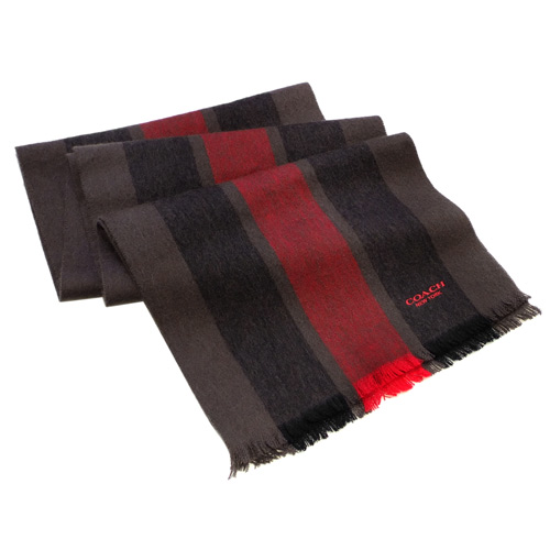 COACH可可拼紅直條紋羊毛圍巾(183x31cm)