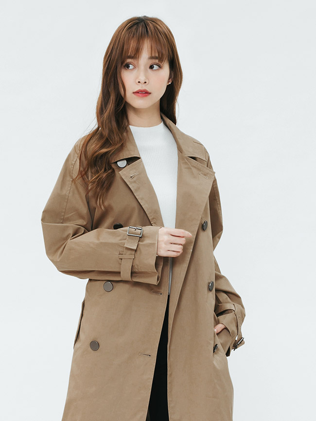 H:CONNECT 韓國品牌 女裝-雙排釦腰帶風衣外套-卡其
