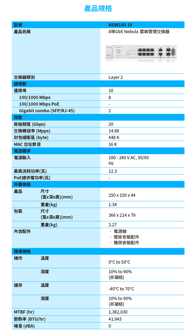 ZyXEL合勤 NSW100-10 Nebula雲端管理交換器