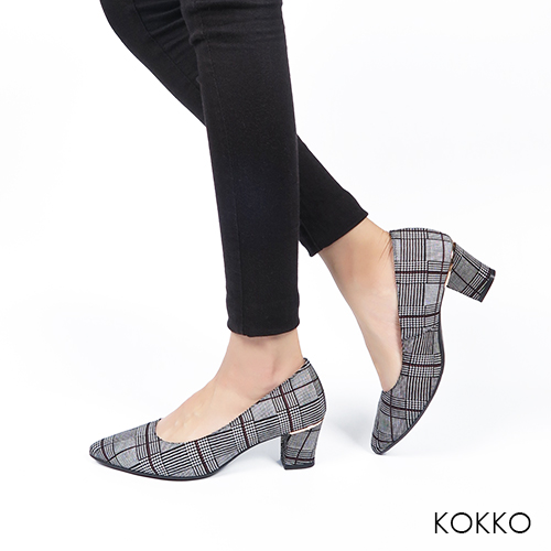 KOKKO - 都會時尚羊皮粗高跟鞋-英倫格紋