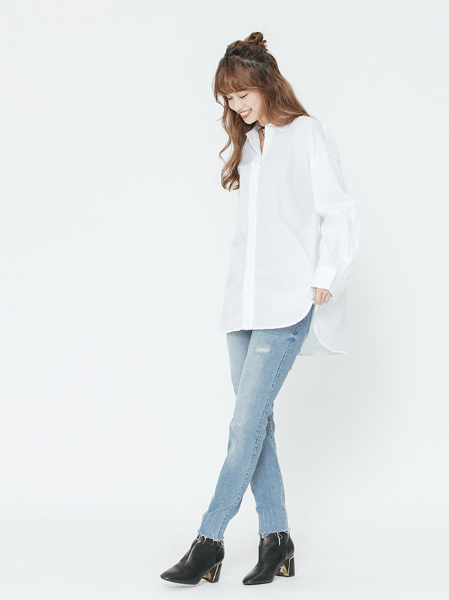 H:CONNECT 韓國品牌 女裝-簡約抓皺素面襯衫-白