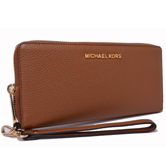 MICHAEL KORS JET SET金字LOGO荔枝紋皮革拉鍊手拿長夾-咖啡