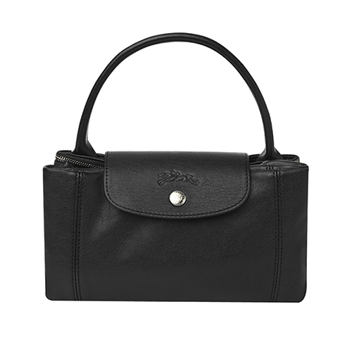 LONGCHAMP 小羊皮系列 Pliage Cuir 手提/側背包(中) 黑色