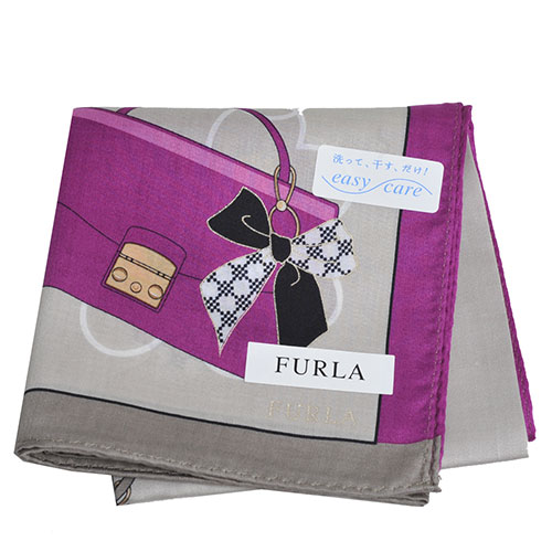 FURLA 繽紛愛心包包圖騰品牌字母LOGO帕領巾(灰/紫系)