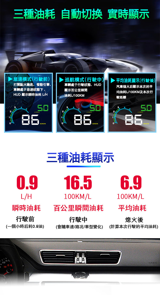 FLYone D3000 HUD OBD2 多功能汽車抬頭顯示器-自