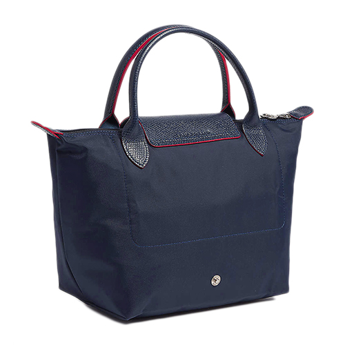 LONGCHAMP Le Pliage系列經典刺繡LOGO短提把手提包(小)海軍藍