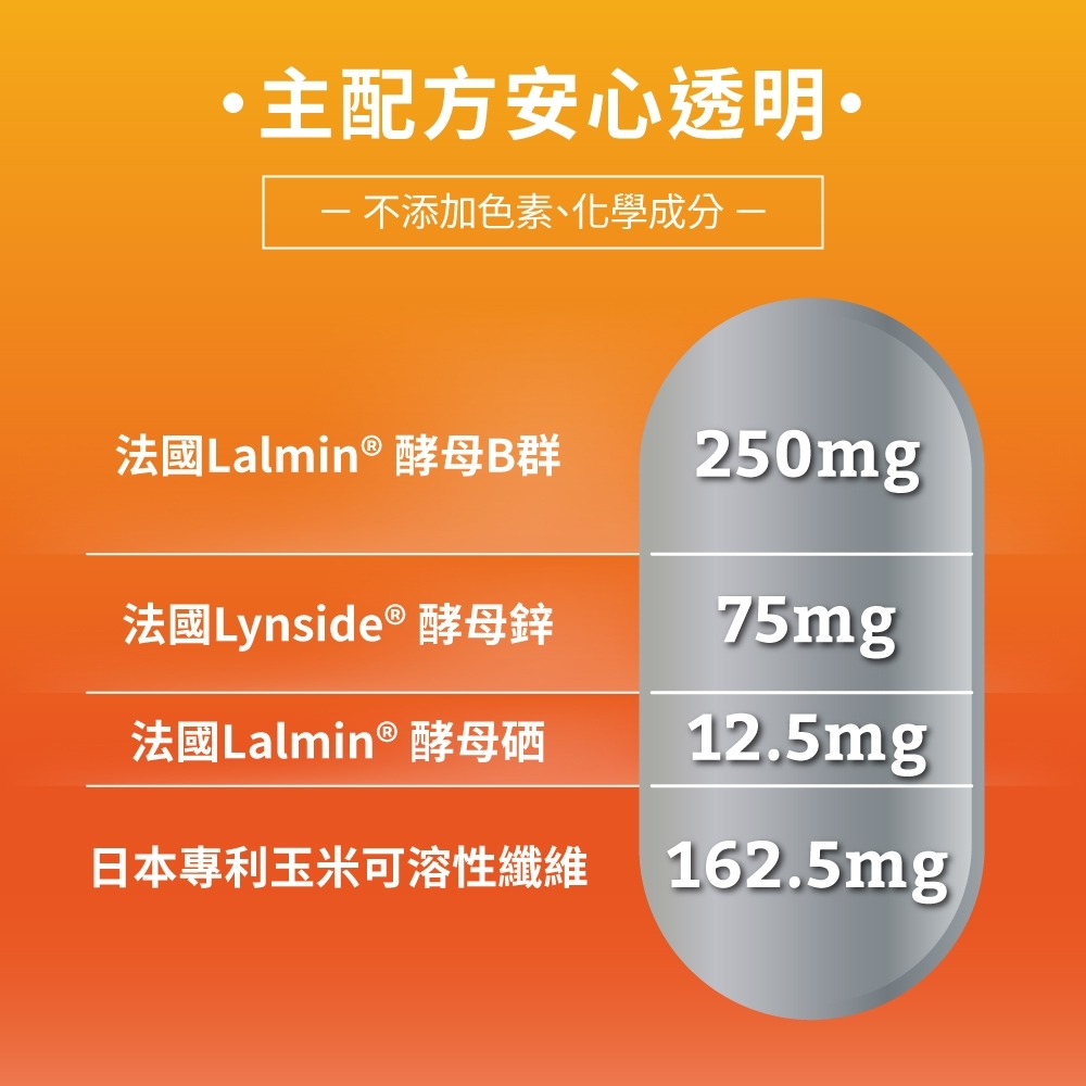 主配方安心透明 不添加色素、化學成分-法國Lalmin® 酵母B群250mg法國Lynside ® 酵母鋅75mg法國Lalmin® 酵母硒12.5mg日本專利玉米可溶性纖維 162.5mg