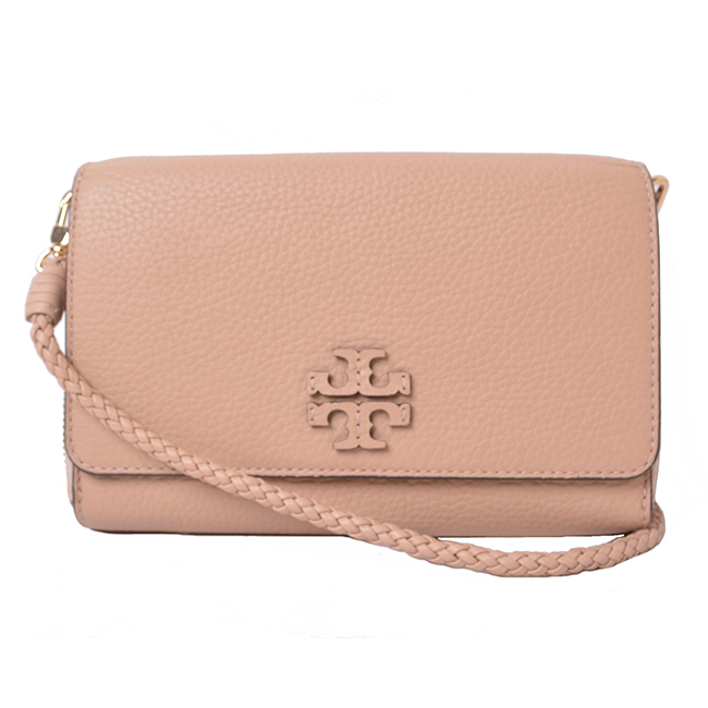 TORY BURCH TAYLOR雙層掀蓋式立體LOGO編織背帶手拿/斜背包-優雅粉膚