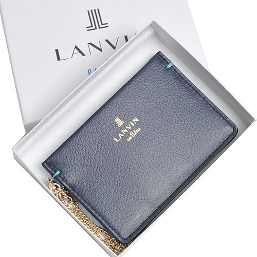 LANVIN 品牌經典LOGO圖騰牛皮愛心掛飾名片夾(深藍)