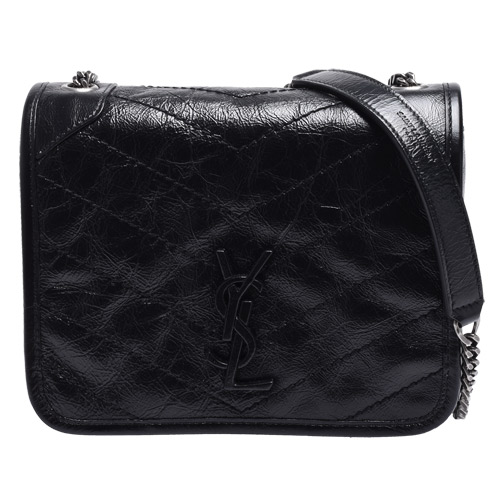 YSL 經典NIKI系列黑色金屬LOGO霧銀鍊牛皮翻蓋斜背包(黑)