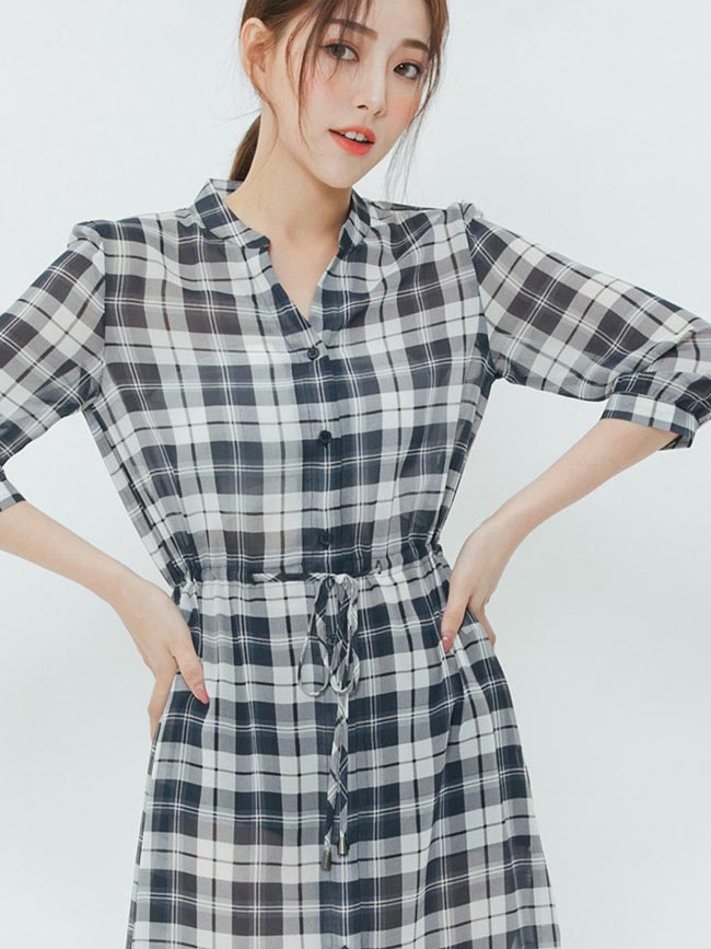 H:CONNECT 韓國品牌 女裝-排扣格紋綁結洋裝-藍