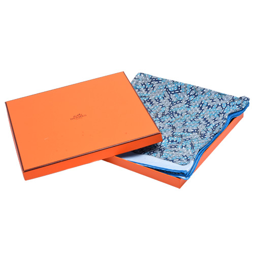 HERMES 經典方塊H LOGO圖騰絲質方巾/披巾(藍-100X100cm)