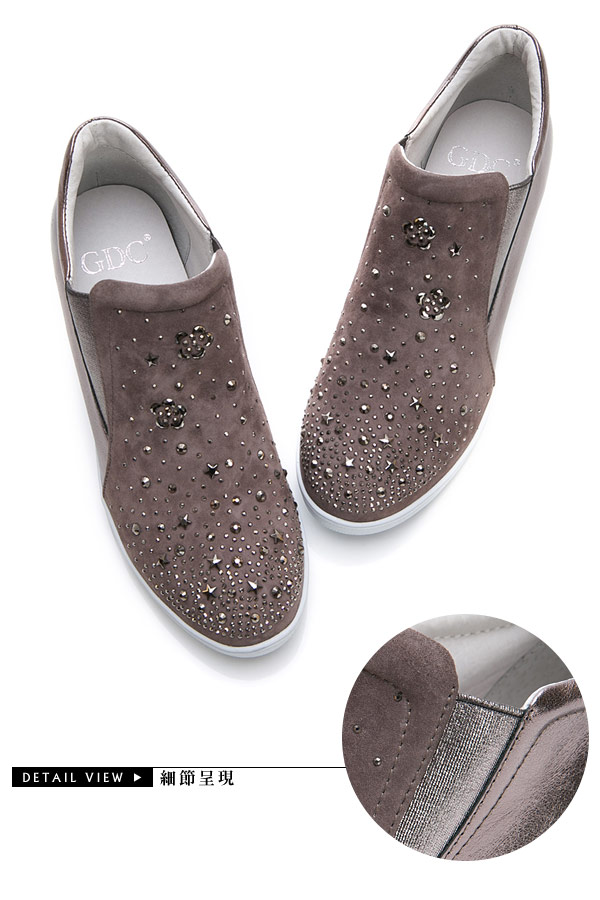 GDC-真皮高筒玫瑰水鑽內增高休閒鞋-灰色