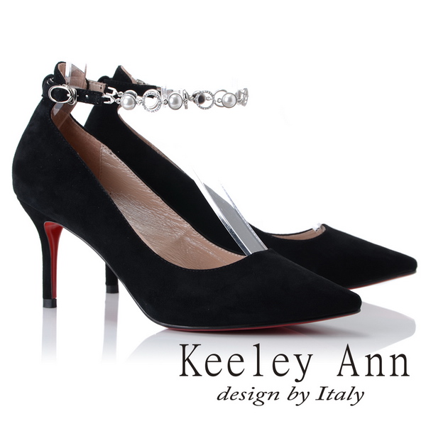 Keeley Ann 高貴典雅~寶石腳踝釦帶全真皮尖頭高跟鞋(黑色-Ann)