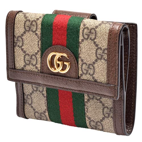 GUCCI 經典Ophidia GG印花帆布牛皮飾邊暗釦短夾(棕)