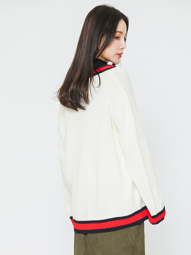 H:CONNECT 韓國品牌 女裝-滾邊撞色排扣針織外套-白 - 動態show