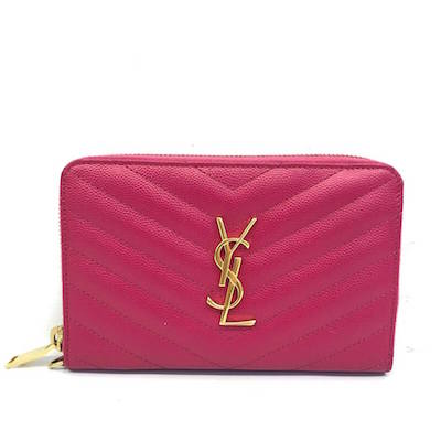 YSL MONOGRAM系列V字縫線魚子醬牛皮金色金屬LOG拉鍊中夾(桃紅色)