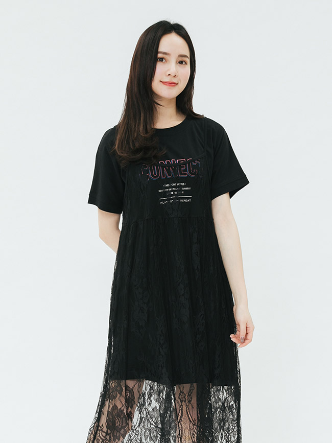 H:CONNECT 韓國品牌 女裝-蕾絲搭配兩件式洋裝-黑