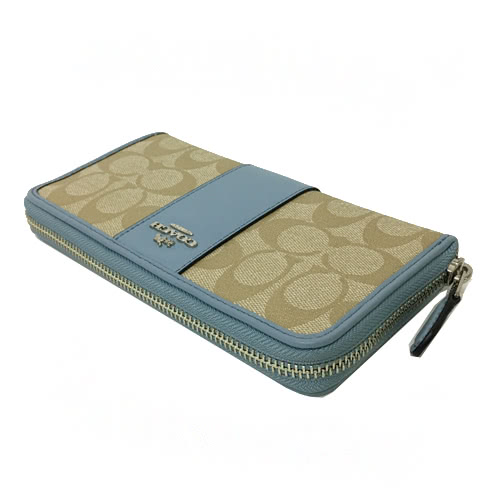 COACH 經典C LOGO 直紋ㄇ型拉鍊長夾(baby藍)