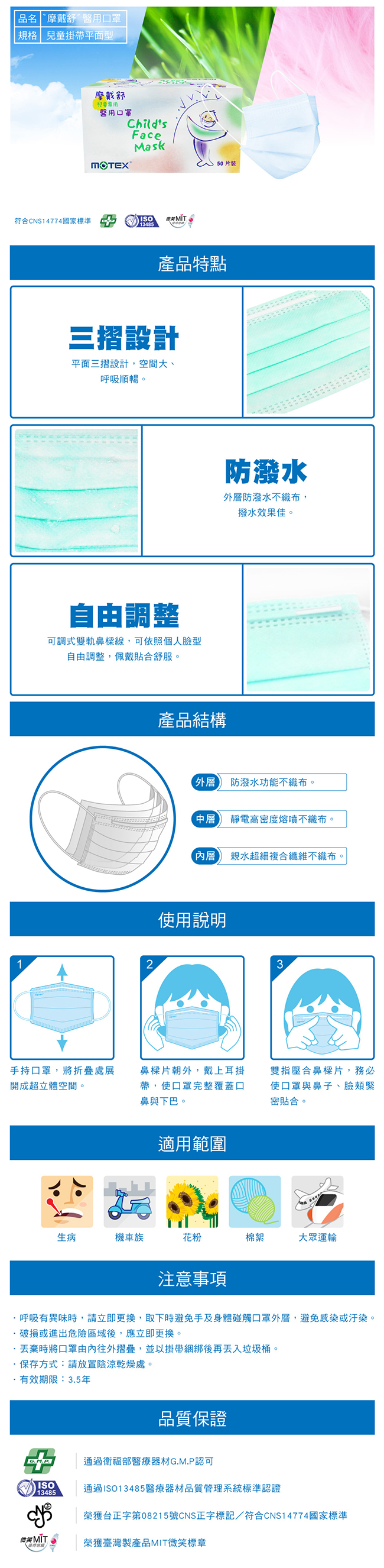 摩戴舒 醫用口罩(未滅菌)-平面兒童口罩 4盒組(共200片)-藍色