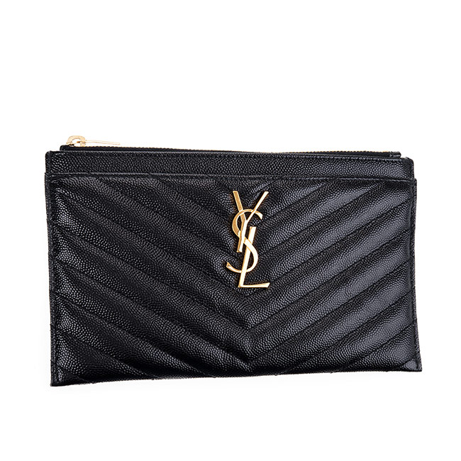 YSL 經典MONOGRAM系列V字縫線魚子醬牛皮金色LOGO拉鍊手拿包 (黑色)