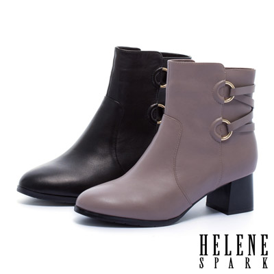 短靴 HELENE SPARK 簡約時尚金屬交叉繫帶釦全真皮粗高跟短靴－米