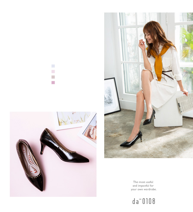 DIANA 漫步雲端厚切輕盈美人-牛漆皮方型鉚釘尖頭高跟鞋-黑