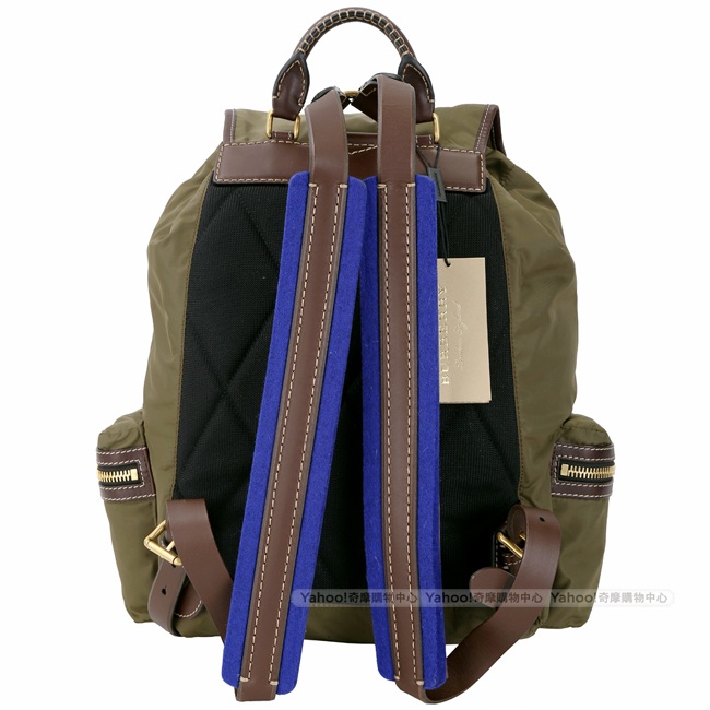 BURBERRY The Rucksack 大型科技尼龍拼接明線皮革軍旅後背包(綠)