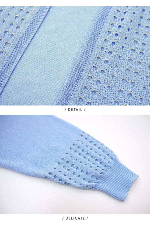 【麥雪爾】鏤空銀蔥圓點針織長版罩衫-水藍