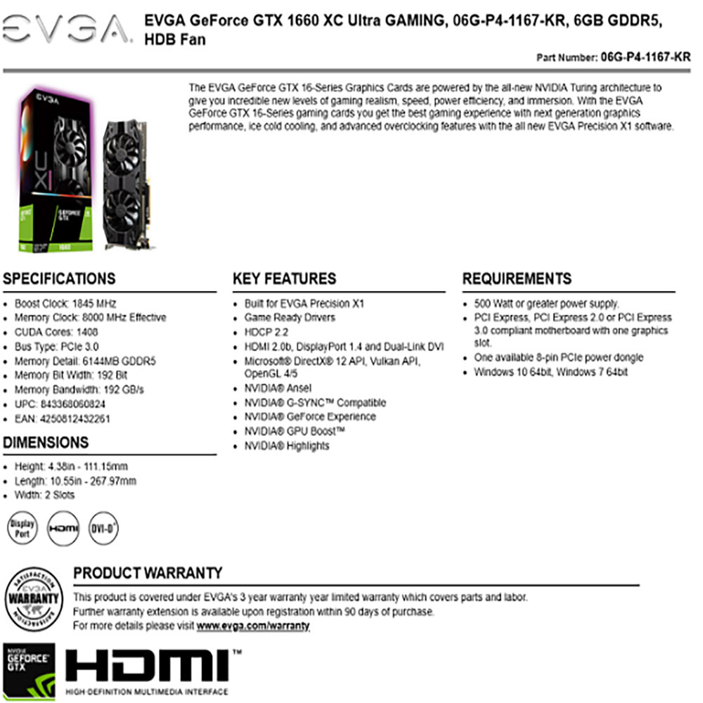 艾維克EVGA GTX1660 6G XC ULTRA GAMING PCI-E顯示卡