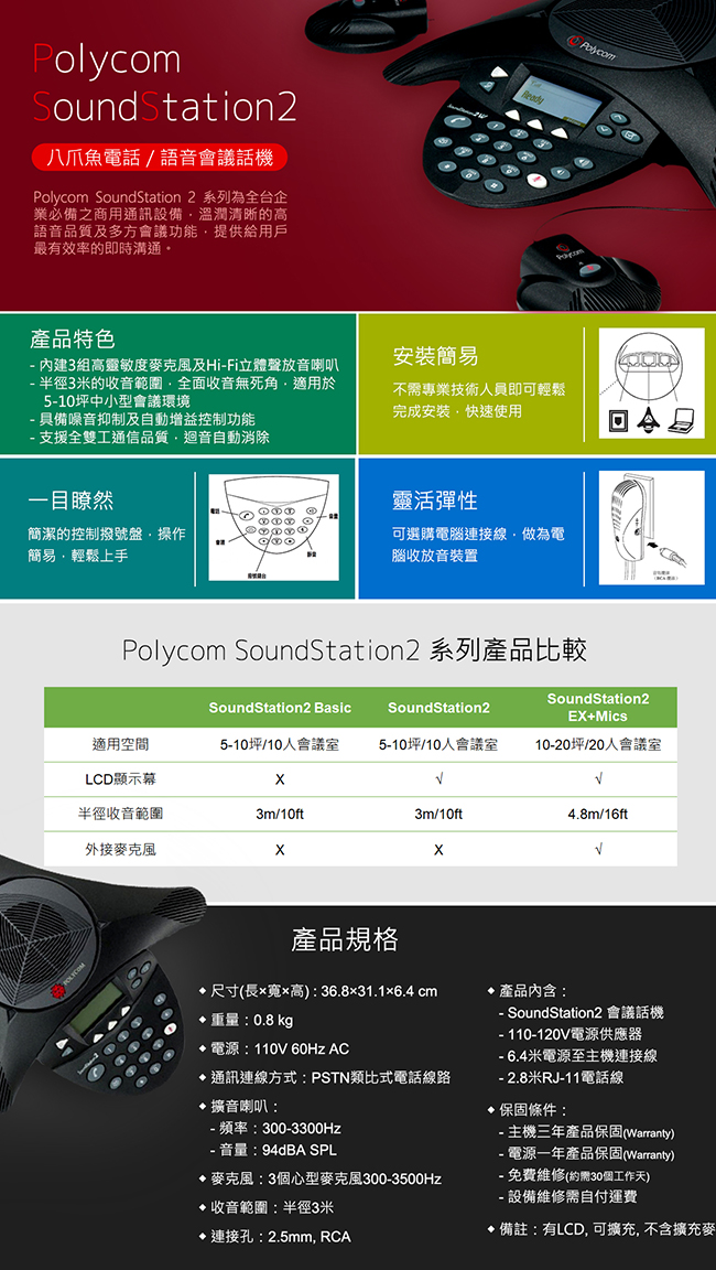 Polycom SoundStation 2EX+2Mics語音會議話機(有LCD/麥克風)