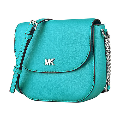 MK MICHAEL KORS MOTT銀字MK金屬LOGO牛皮鏈帶釦式斜背包(土耳其藍)