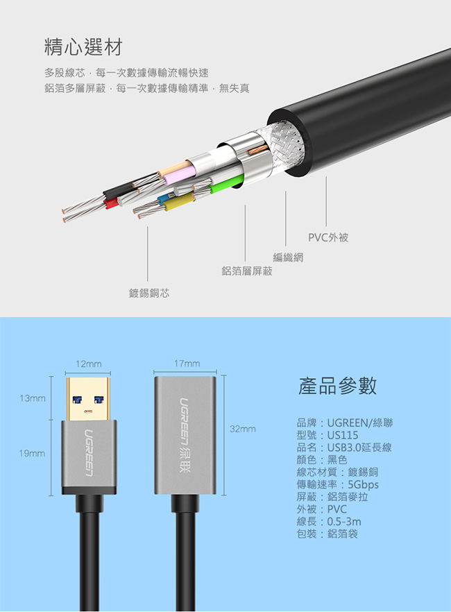 綠聯 USB3.0延長線 3M