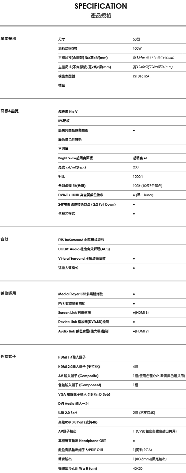 TECO東元 50吋 真4K 液晶顯示器+視訊盒 TL50U2TRE