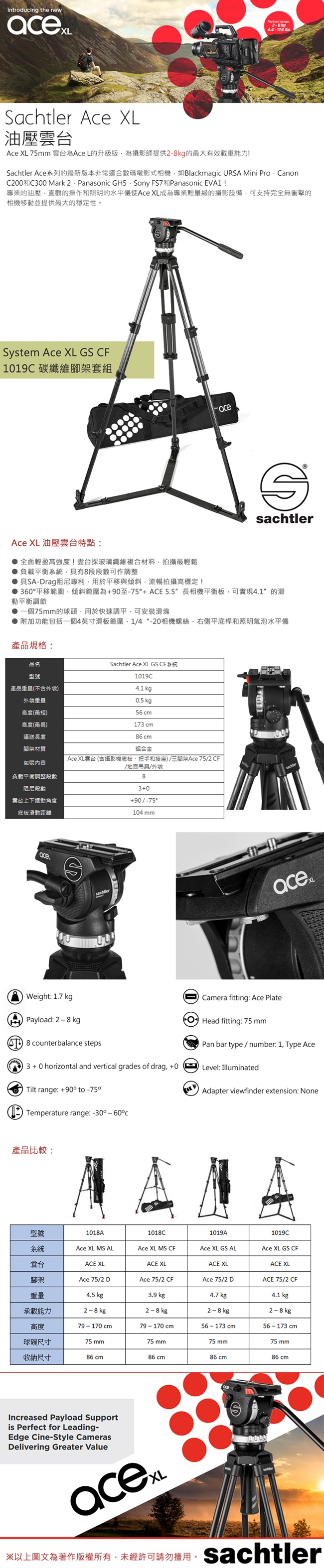 沙雀Sachtler 1019C AceXL GS CF錄影油壓碳纖維三腳架套組[公司貨]