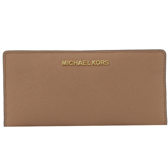 MICHAEL KORS Jet Set金屬logo防刮牛皮對開長夾(咖)