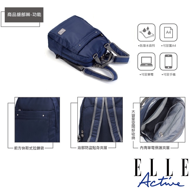 ELLE Active 優雅隨行系列-防盜 手提後背包-深藍色