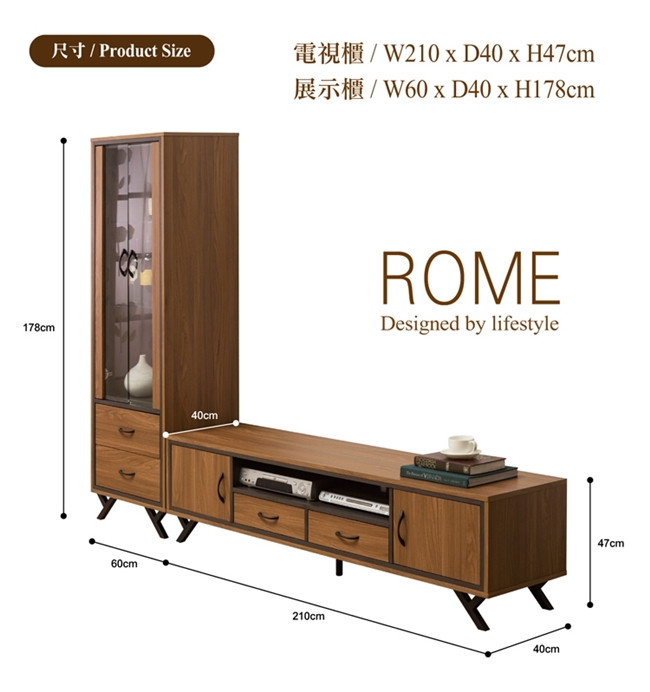 日本直人木業-ROME胡桃木工業風210CM電視櫃加60CM展示櫃