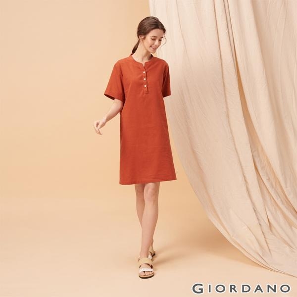 GIORDANO 女裝自然棉麻系列亨利領短袖連身裙-25 夕陽紅